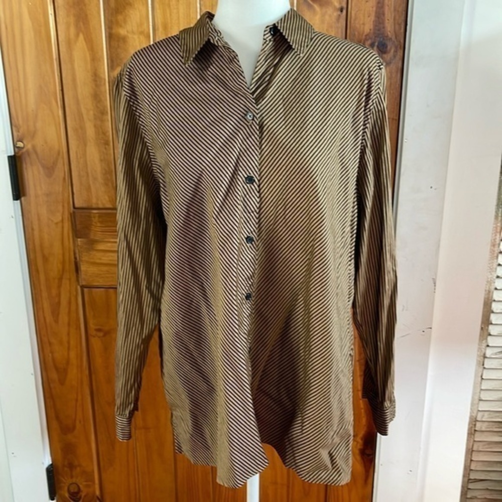 Chico’s black tan Striped button down long sleeve shirt size 3 / XL